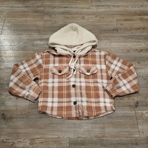 Pink Rose Cropped Plaid Fleece Hoodie in Brown and Cream Women's Size Small